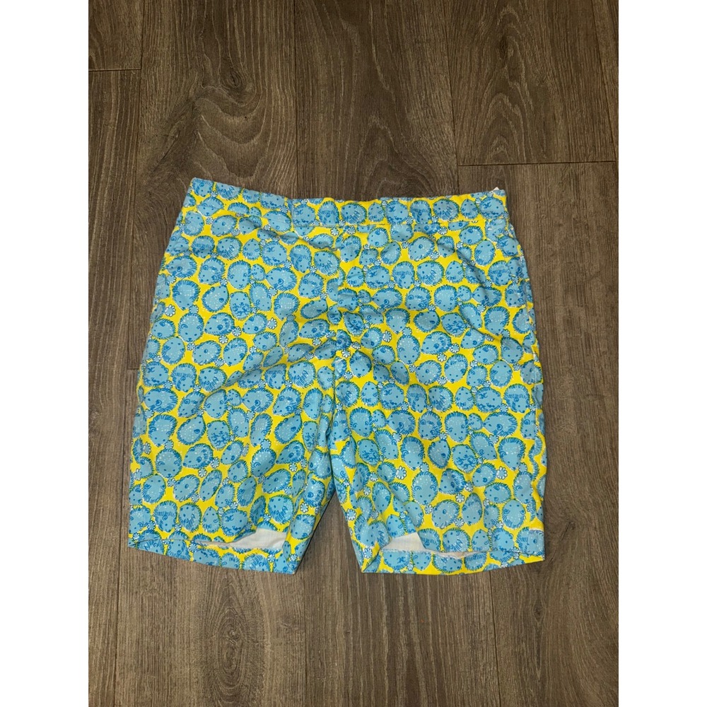 Lilly Pulitzer 60s Mens Stuff Shorts Yellow Blue Hedgehog Palm Beach Vintage 36